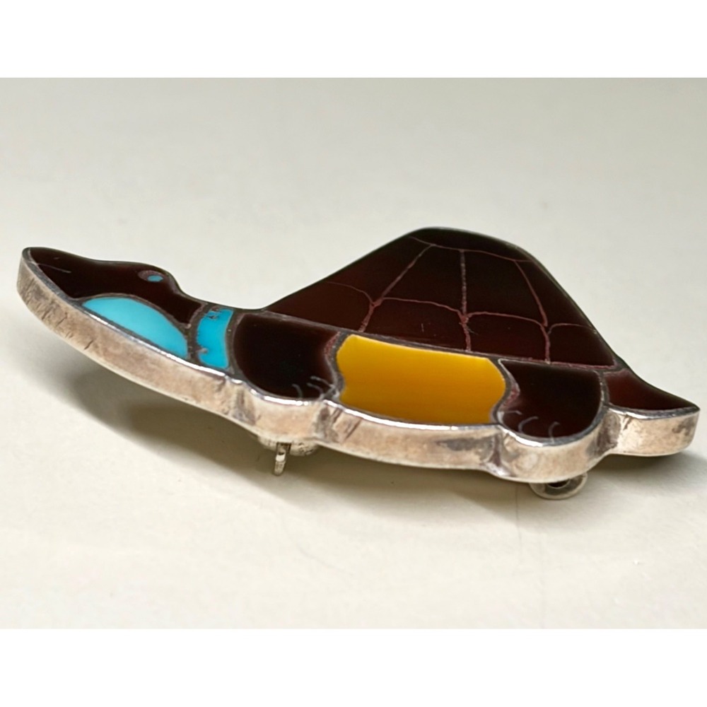Zuni  Inlay Turtle Pendant Pin Brooch Sterling Silver Ray Nieto RN Mosaic - Picture 8 of 13